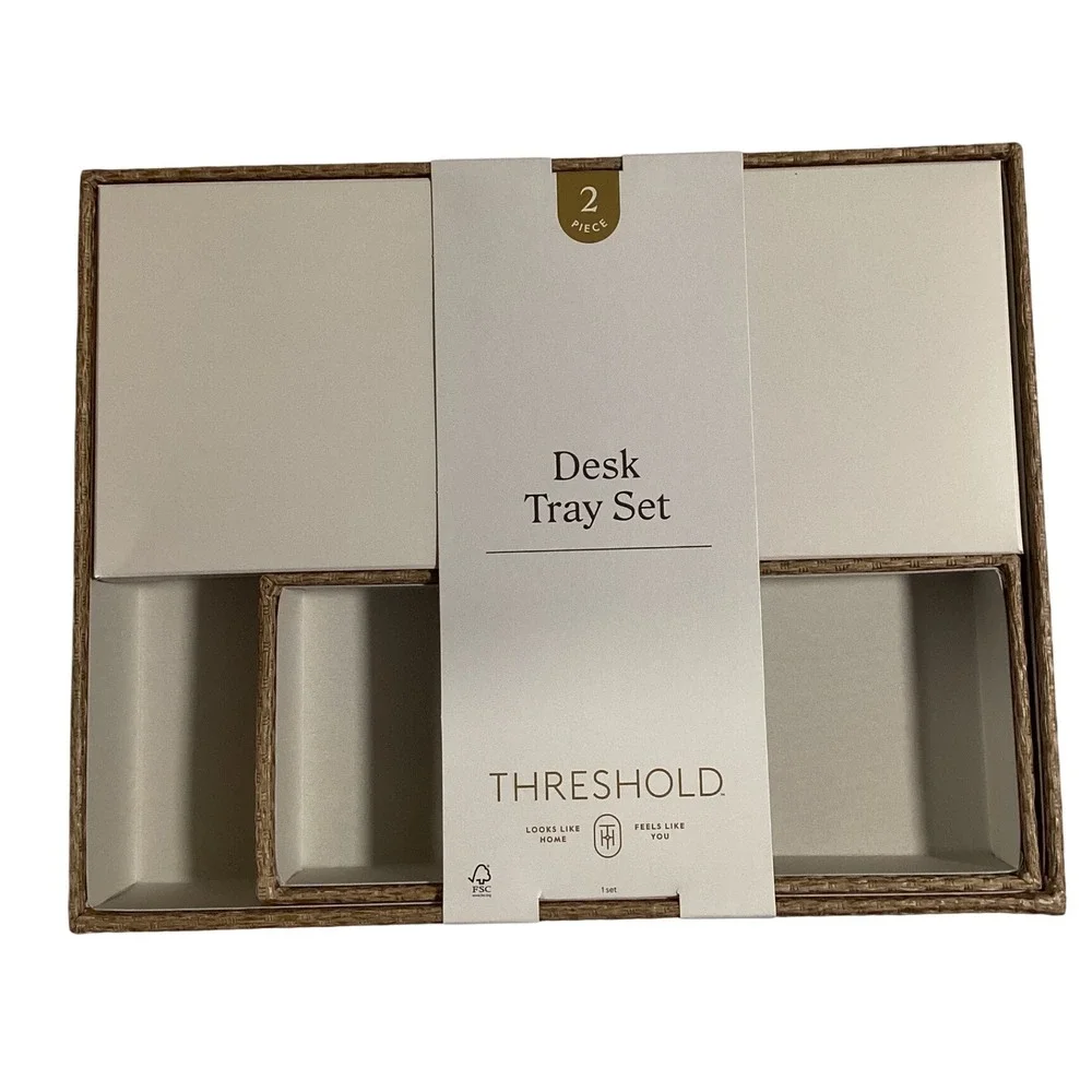 Threshold Desk‎ Tray Set 2 Piece Woven Style Organizer Home Office Beige